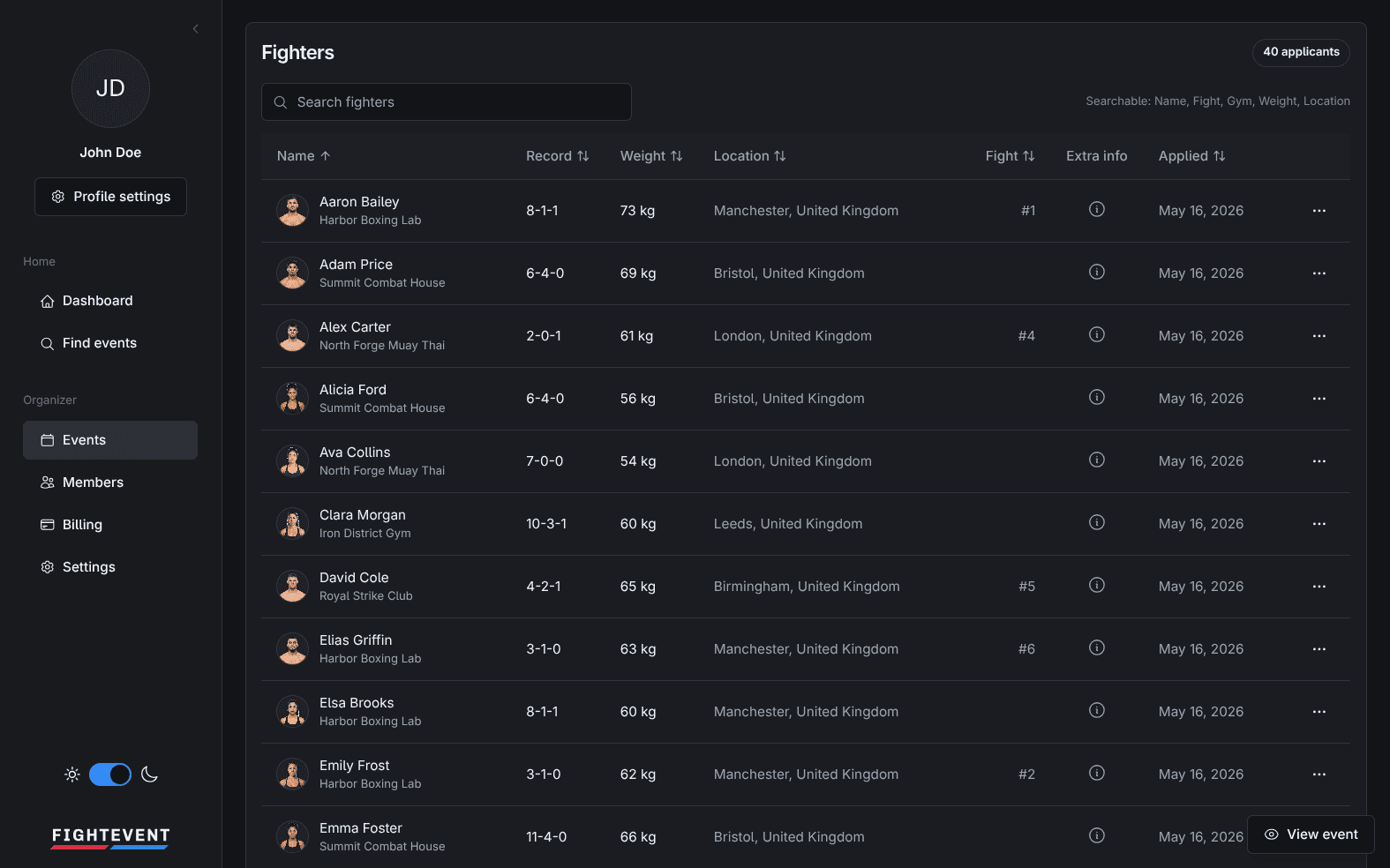 FightEvent fighter applications preview